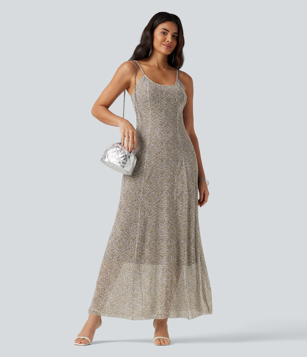 Polka Dot Mesh Maxi Flowy Bridesmaid and Wedding Guest Slip Dress — Golden Pebble Dot — view 8