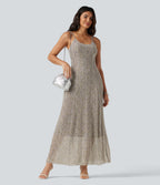 Polka Dot Mesh Maxi Flowy Bridesmaid and Wedding Guest Slip Dress — Golden Pebble Dot — view 8
