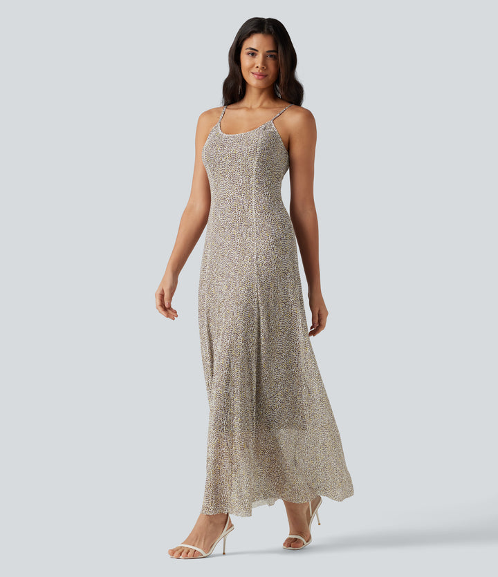 Polka Dot Mesh Maxi Flowy Bridesmaid and Wedding Guest Slip Dress — Golden Pebble Dot — view 1