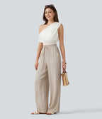 High Waisted Drawstring Casual Linen-Feel Trousers with Pockets — Whisper White — view 7