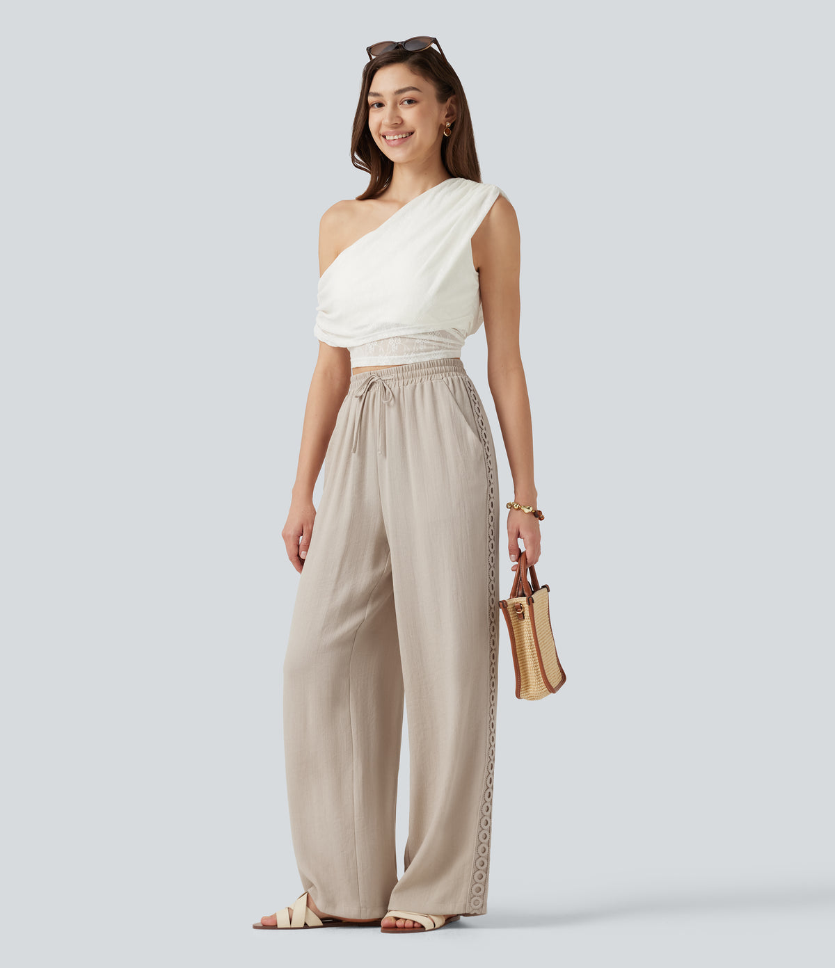 High Waisted Drawstring Casual Linen-Feel Trousers with Pockets — Whisper White — view 7