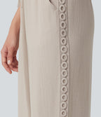 High Waisted Drawstring Casual Linen-Feel Trousers with Pockets — Whisper White — view 6