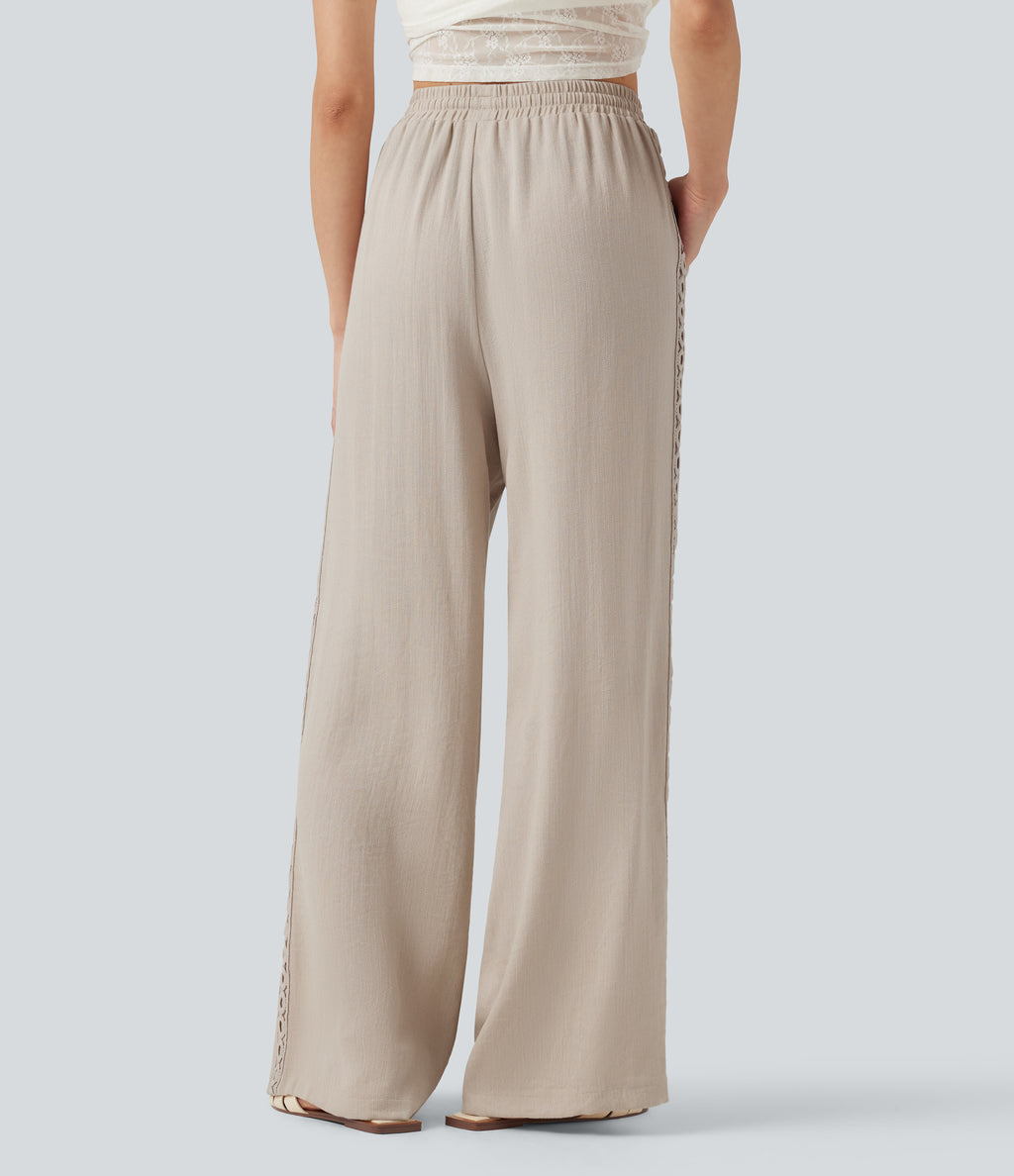 High Waisted Drawstring Casual Linen-Feel Trousers with Pockets — Whisper White — view 3