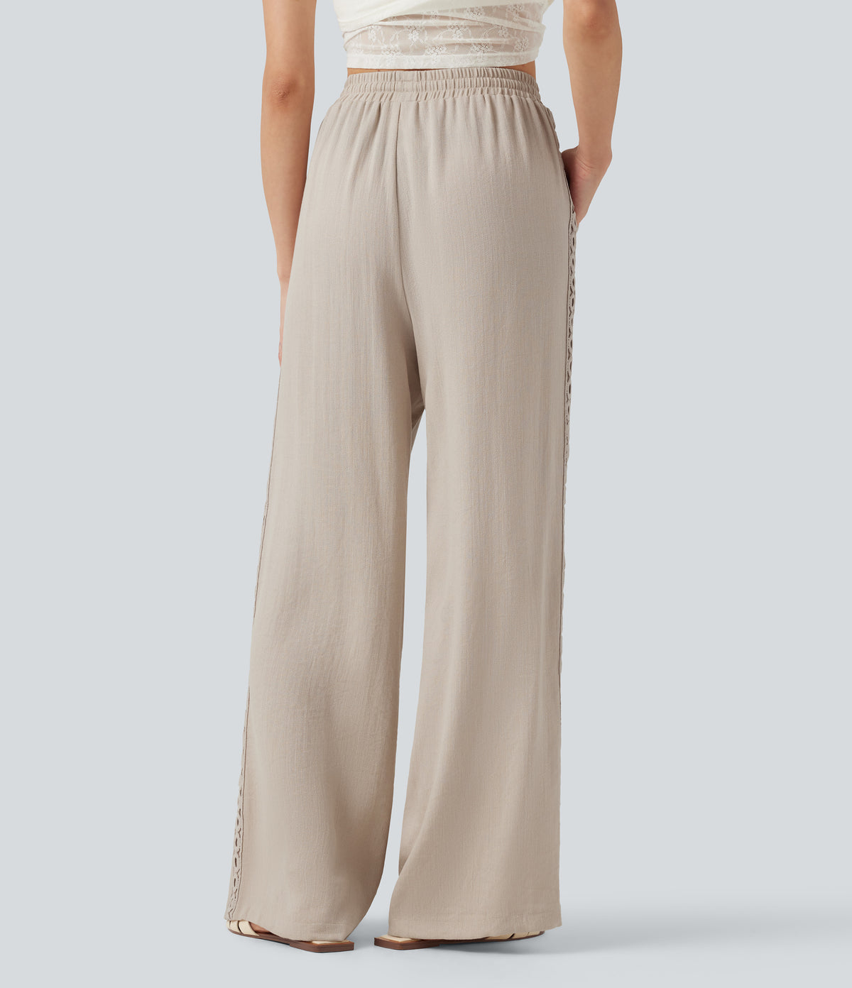 High Waisted Drawstring Casual Linen-Feel Trousers with Pockets — Whisper White — view 3