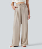 High Waisted Drawstring Casual Linen-Feel Trousers with Pockets — Whisper White — view 2