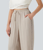 High Waisted Drawstring Casual Linen-Feel Trousers with Pockets — Whisper White — view 5