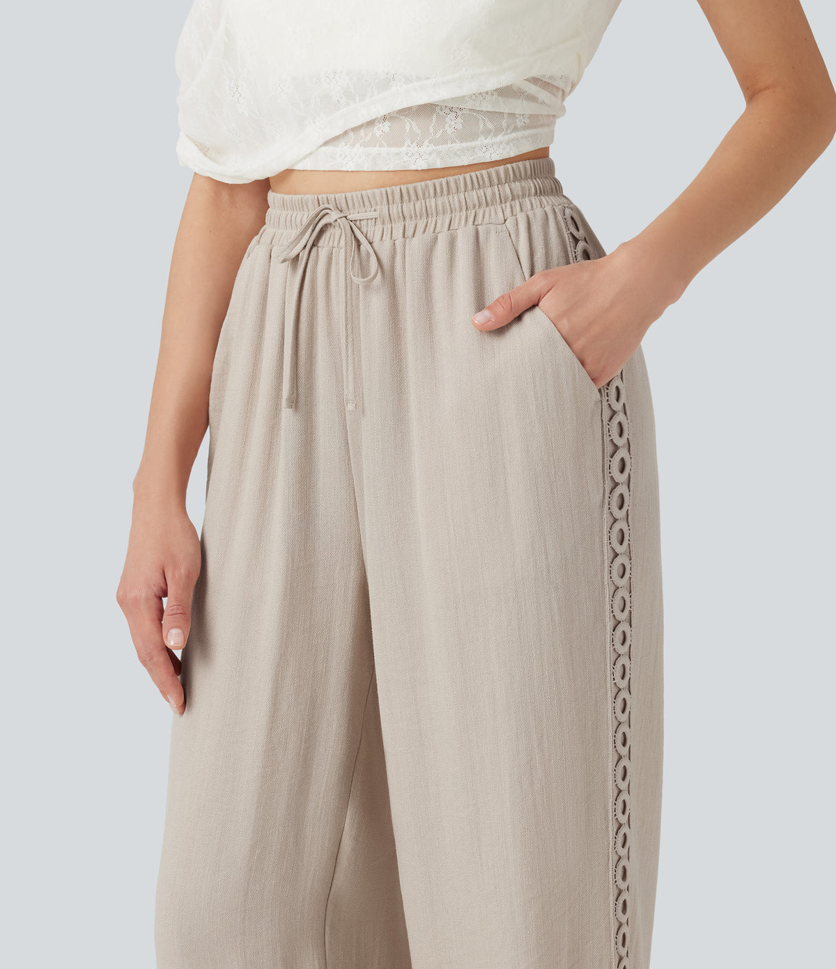 High Waisted Drawstring Casual Linen-Feel Trousers with Pockets — Whisper White — view 5
