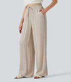 High Waisted Drawstring Casual Linen-Feel Trousers with Pockets — Whisper White — view 1