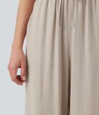 High Waisted Drawstring Casual Linen-Feel Trousers with Pockets — Whisper White — view 4