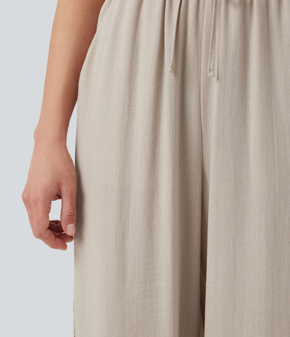 High Waisted Drawstring Casual Linen-Feel Trousers with Pockets — Whisper White — view 4