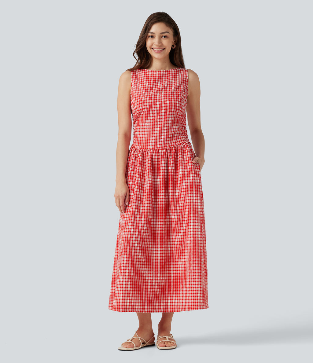 Boat Neck Sleeveless Gingham Midi Casual Dress with Pockets — Cherry Crush — view 1