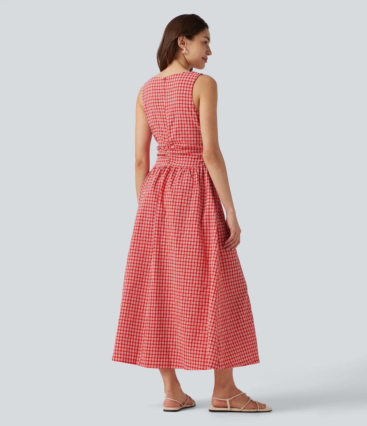 Boat Neck Sleeveless Gingham Midi Casual Dress with Pockets — Cherry Crush — view 2