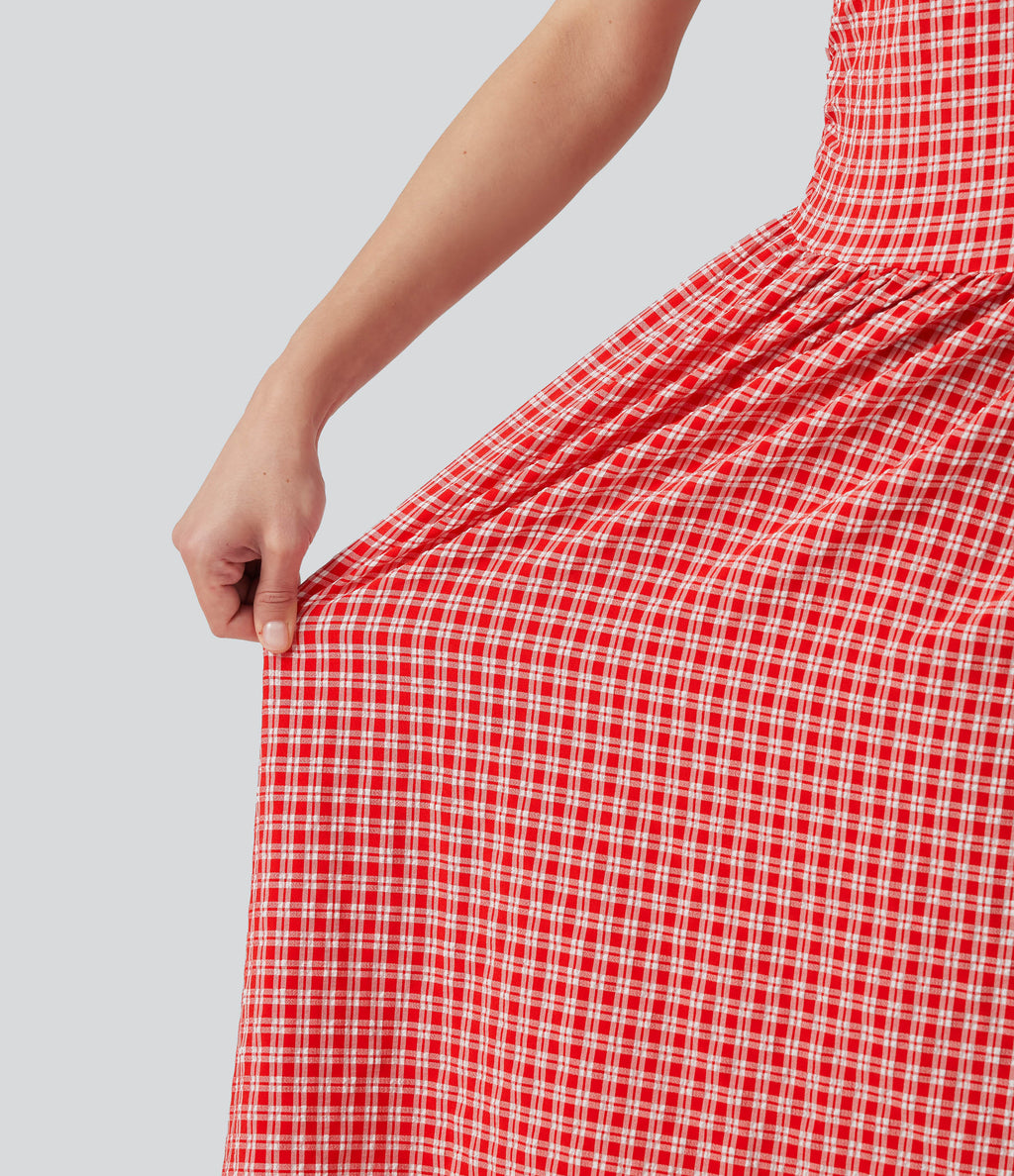 Boat Neck Sleeveless Gingham Midi Casual Dress with Pockets — Cherry Crush — view 8