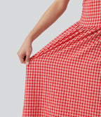 Boat Neck Sleeveless Gingham Midi Casual Dress with Pockets — Cherry Crush — view 8