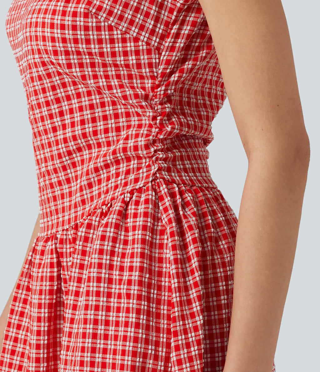 Boat Neck Sleeveless Gingham Midi Casual Dress with Pockets — Cherry Crush — view 6