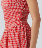 Boat Neck Sleeveless Gingham Midi Casual Dress with Pockets — Cherry Crush — view 6