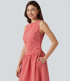 Boat Neck Sleeveless Gingham Midi Casual Dress with Pockets — Cherry Crush — view 5