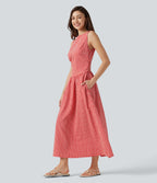 Boat Neck Sleeveless Gingham Midi Casual Dress with Pockets — Cherry Crush — view 3