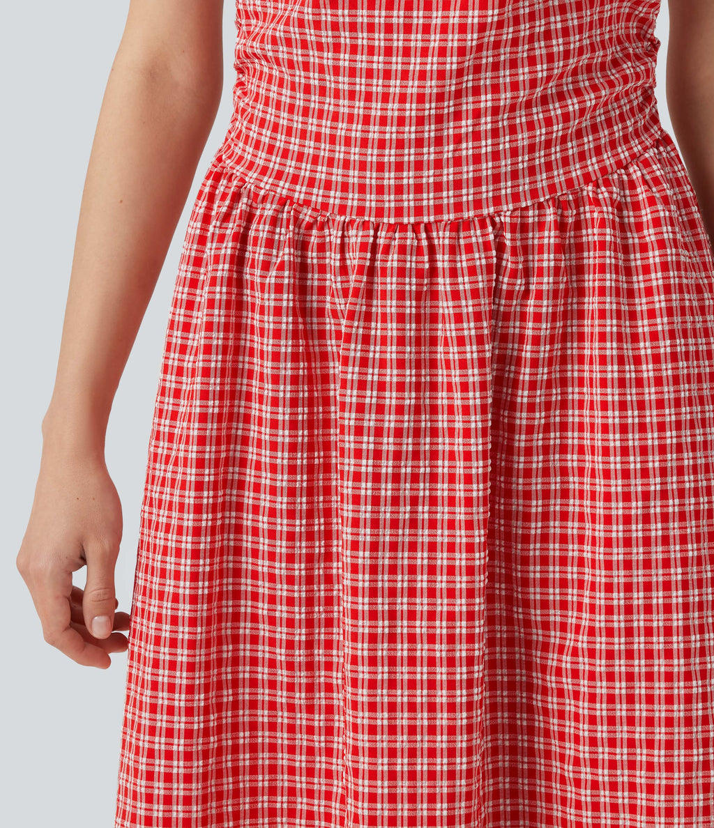 Boat Neck Sleeveless Gingham Midi Casual Dress with Pockets — Cherry Crush — view 7