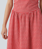 Boat Neck Sleeveless Gingham Midi Casual Dress with Pockets — Cherry Crush — view 7