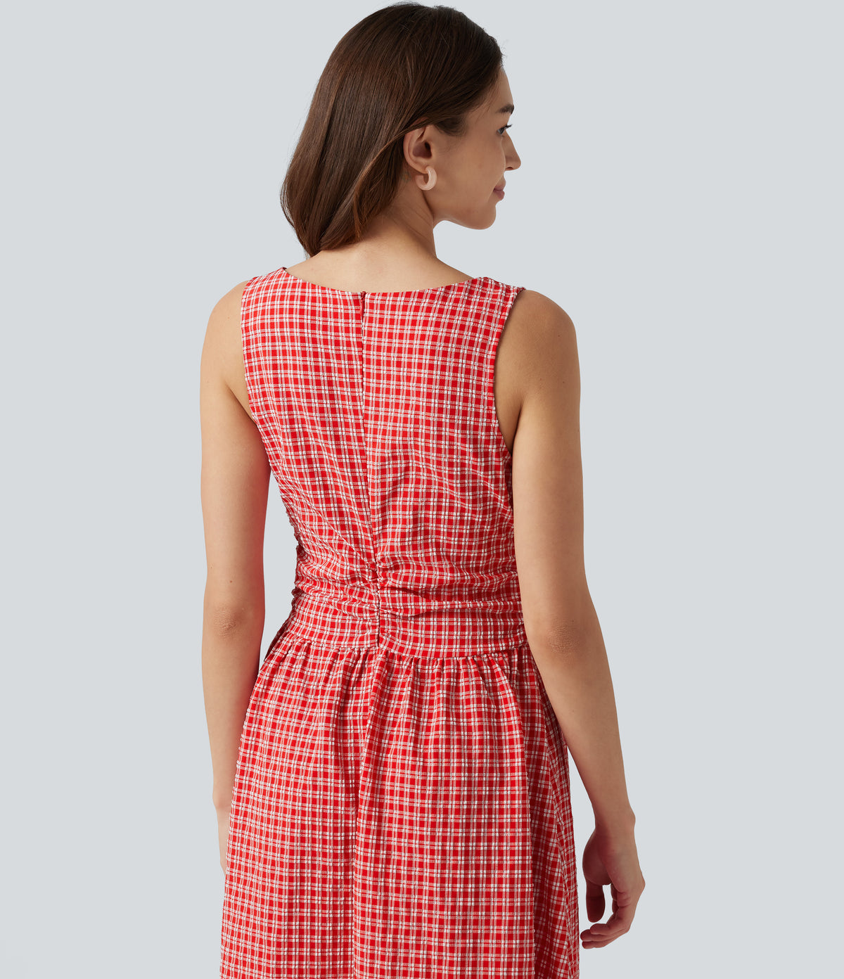 Boat Neck Sleeveless Gingham Midi Casual Dress with Pockets — Cherry Crush — view 4
