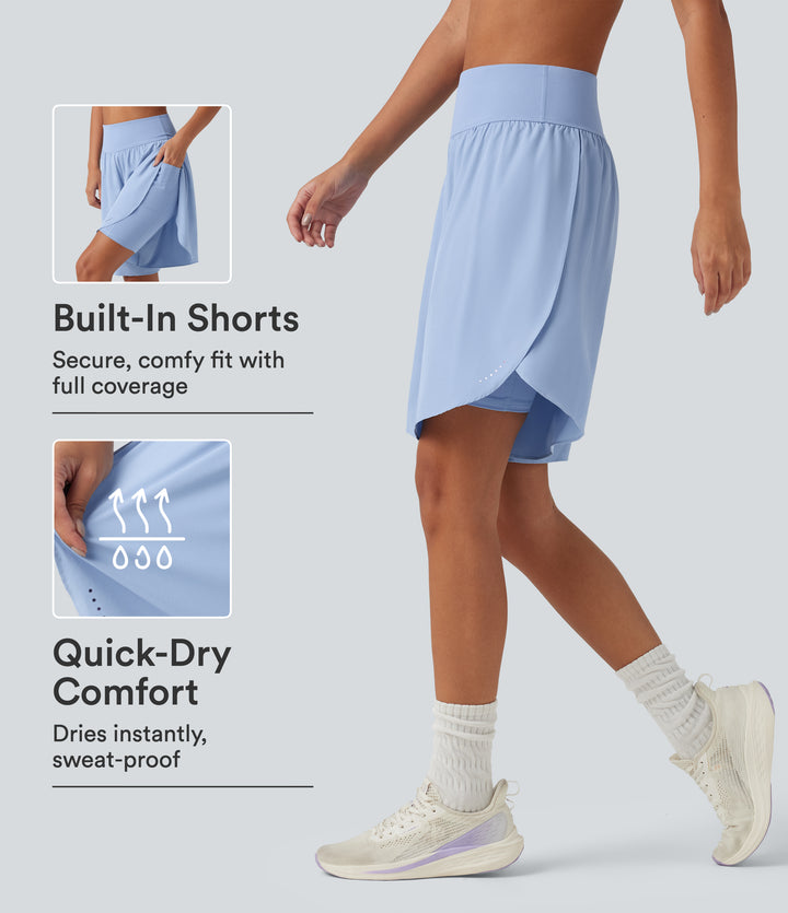 QuickDry High Waisted Tummy Control Reflective Dots Crossover Hem 2-in-1 Running Shorts 9'' with Pockets — Sky Blue — view 1