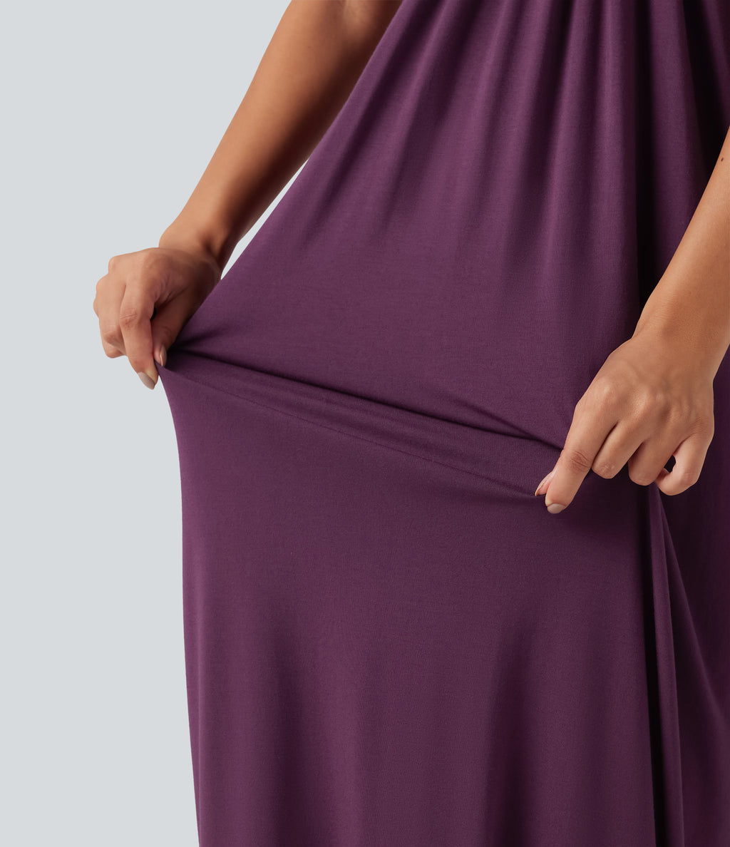 Halter Tie Back Built-in Bra Maxi Dress with Pockets DD-F Cups — Fig — view 6