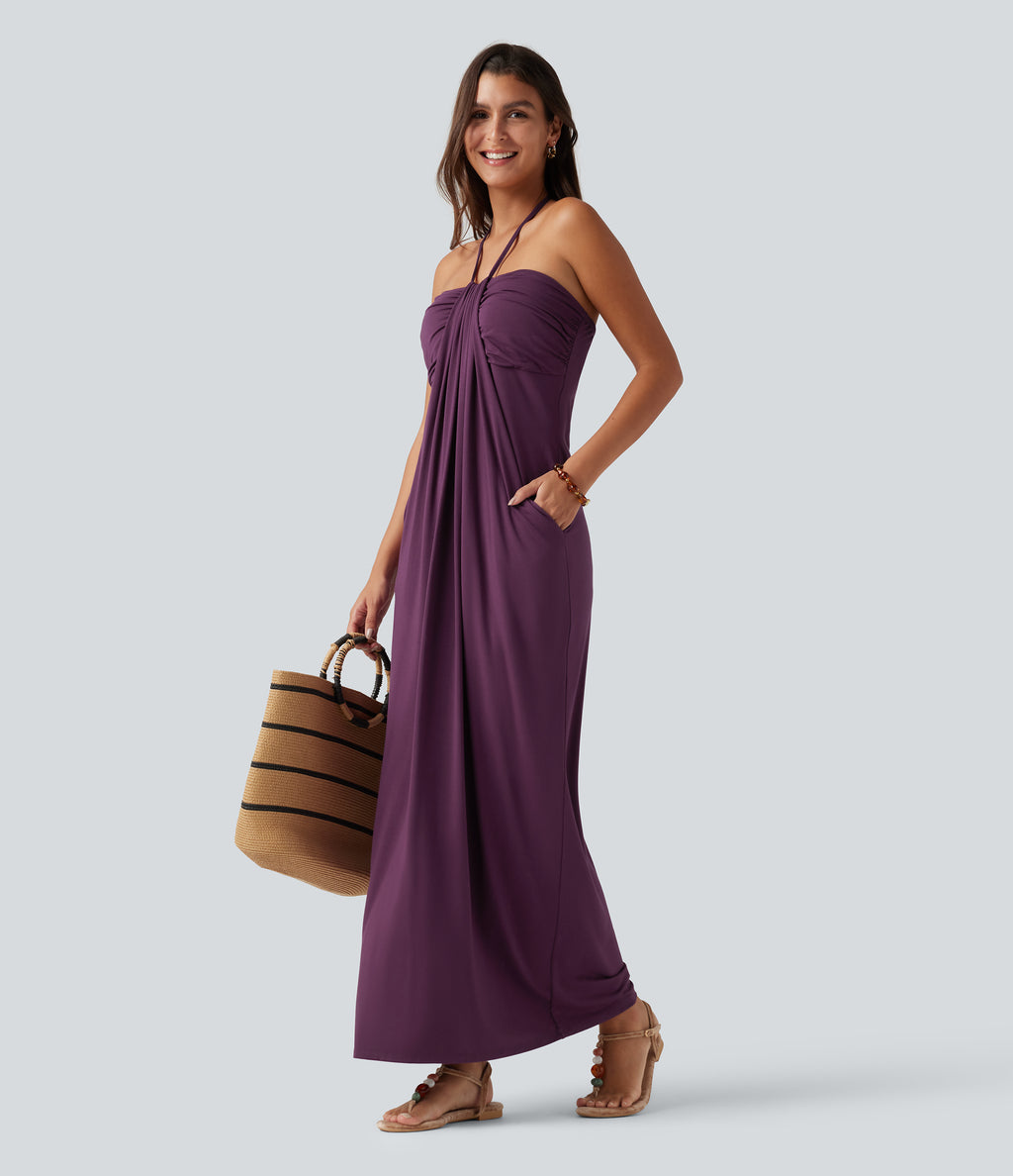 Halter Tie Back Built-in Bra Maxi Dress with Pockets DD-F Cups — Fig — view 7