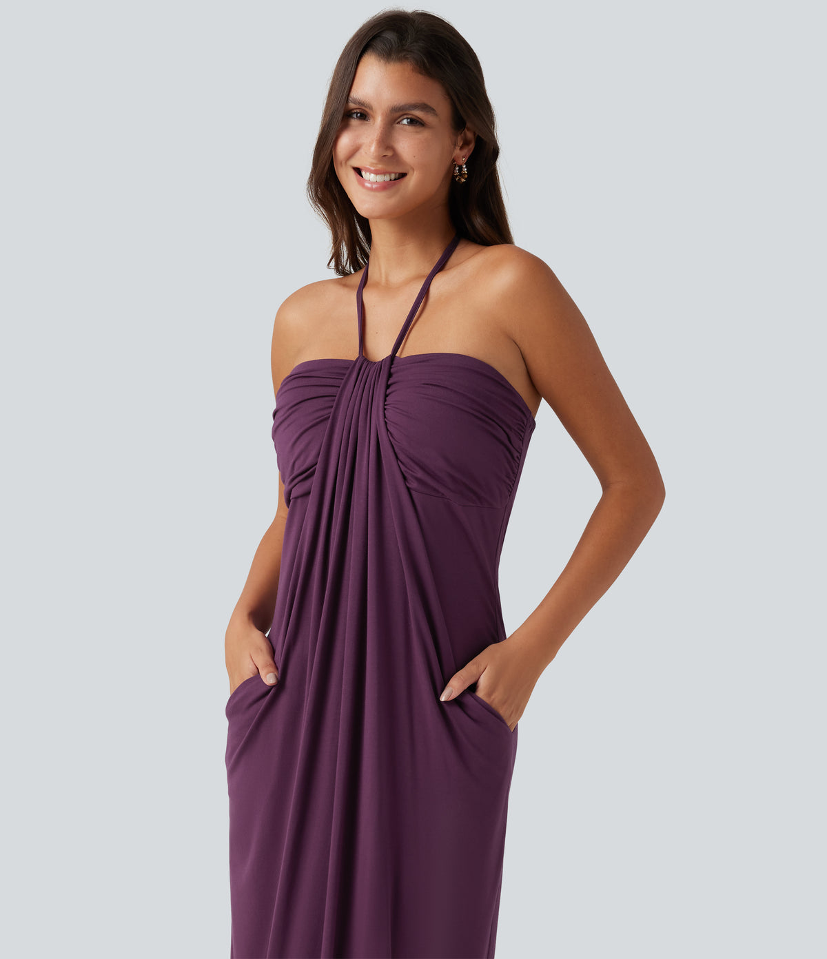 Halter Tie Back Built-in Bra Maxi Dress with Pockets DD-F Cups — Fig — view 4