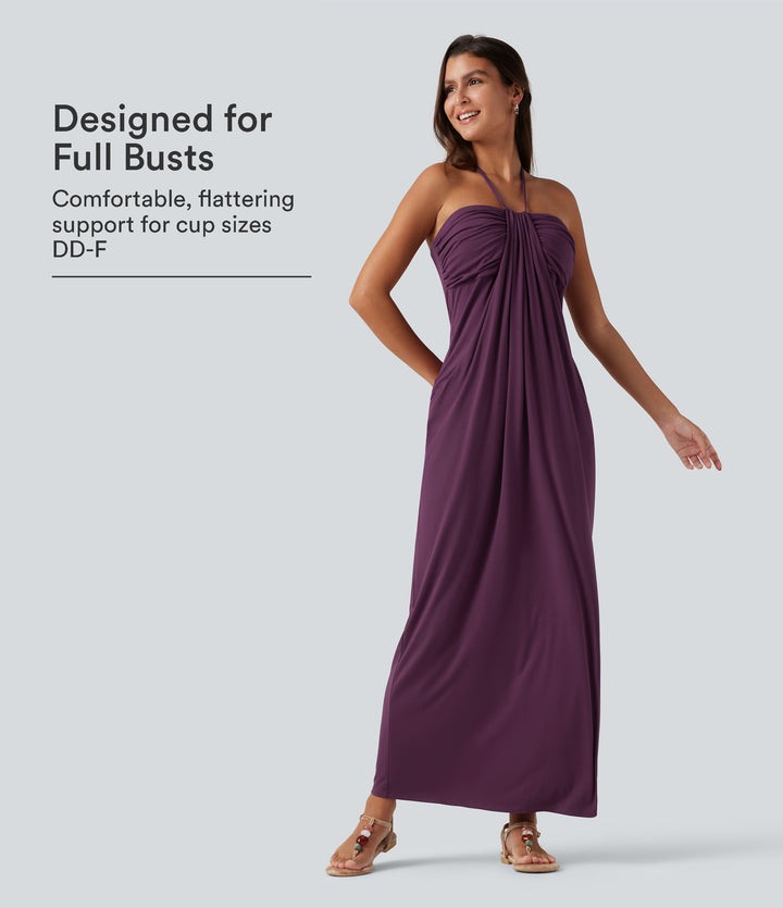 Halter Tie Back Built-in Bra Maxi Dress with Pockets DD-F Cups — Fig — view 1
