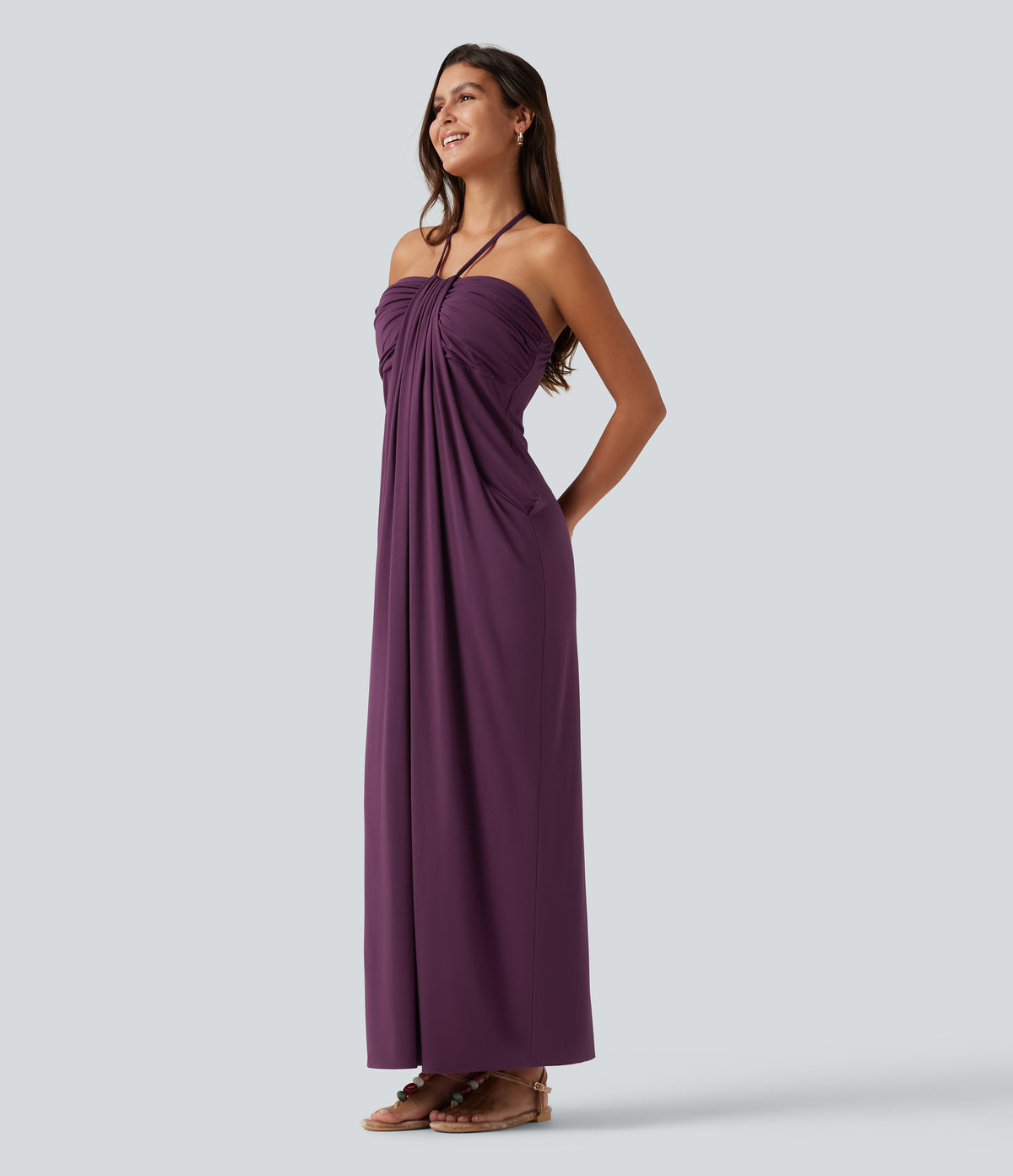 Halter Tie Back Built-in Bra Maxi Dress with Pockets DD-F Cups — Fig — view 3