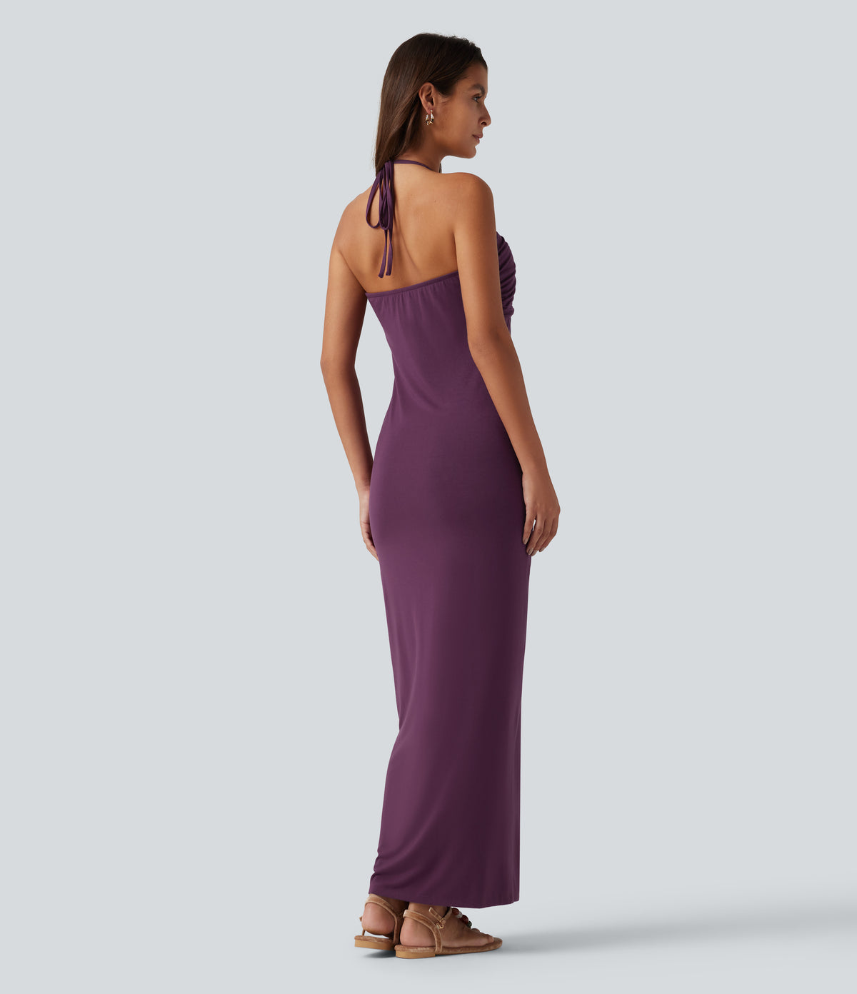 Halter Tie Back Built-in Bra Maxi Dress with Pockets DD-F Cups — Fig — view 2