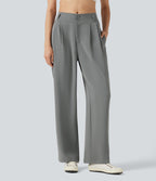 Mid Rise Shirred Straight Leg Work Trousers with Pockets — Mockingbird — view 2