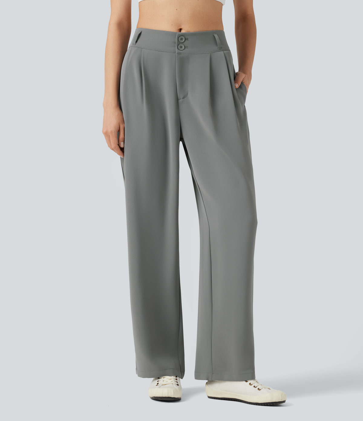 Mid Rise Shirred Straight Leg Work Trousers with Pockets — Mockingbird — view 2