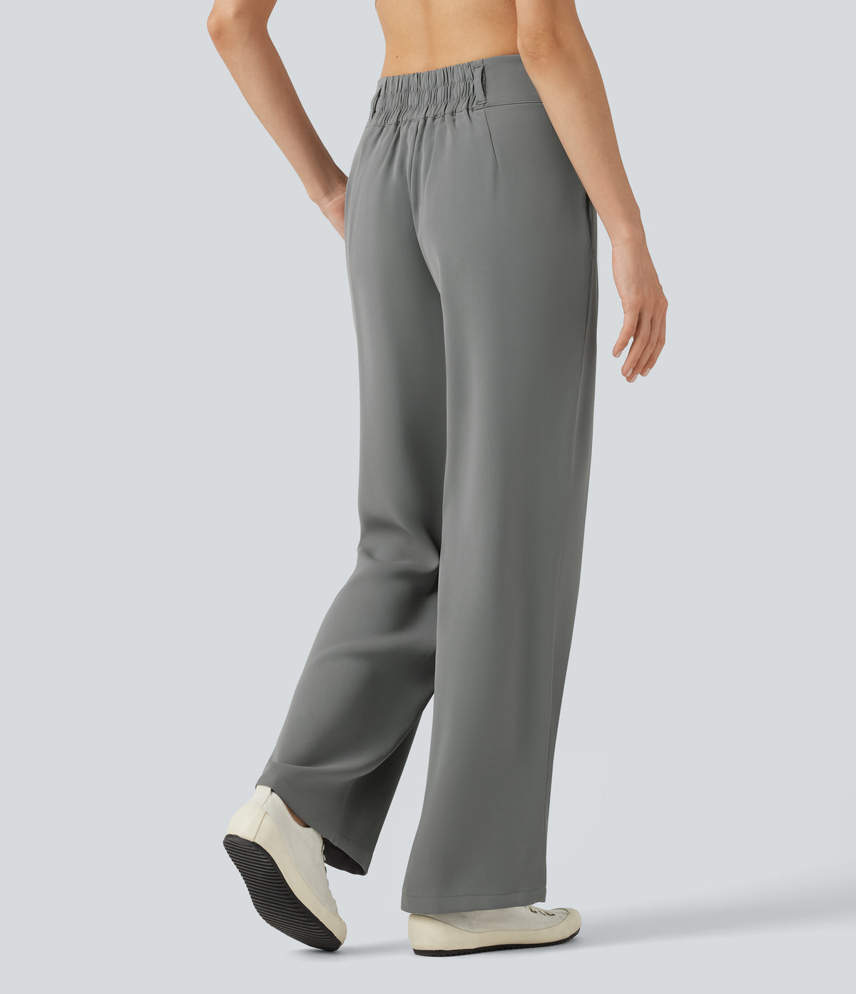 Mid Rise Shirred Straight Leg Work Trousers with Pockets — Mockingbird — view 3