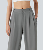Mid Rise Shirred Straight Leg Work Trousers with Pockets — Mockingbird — view 4