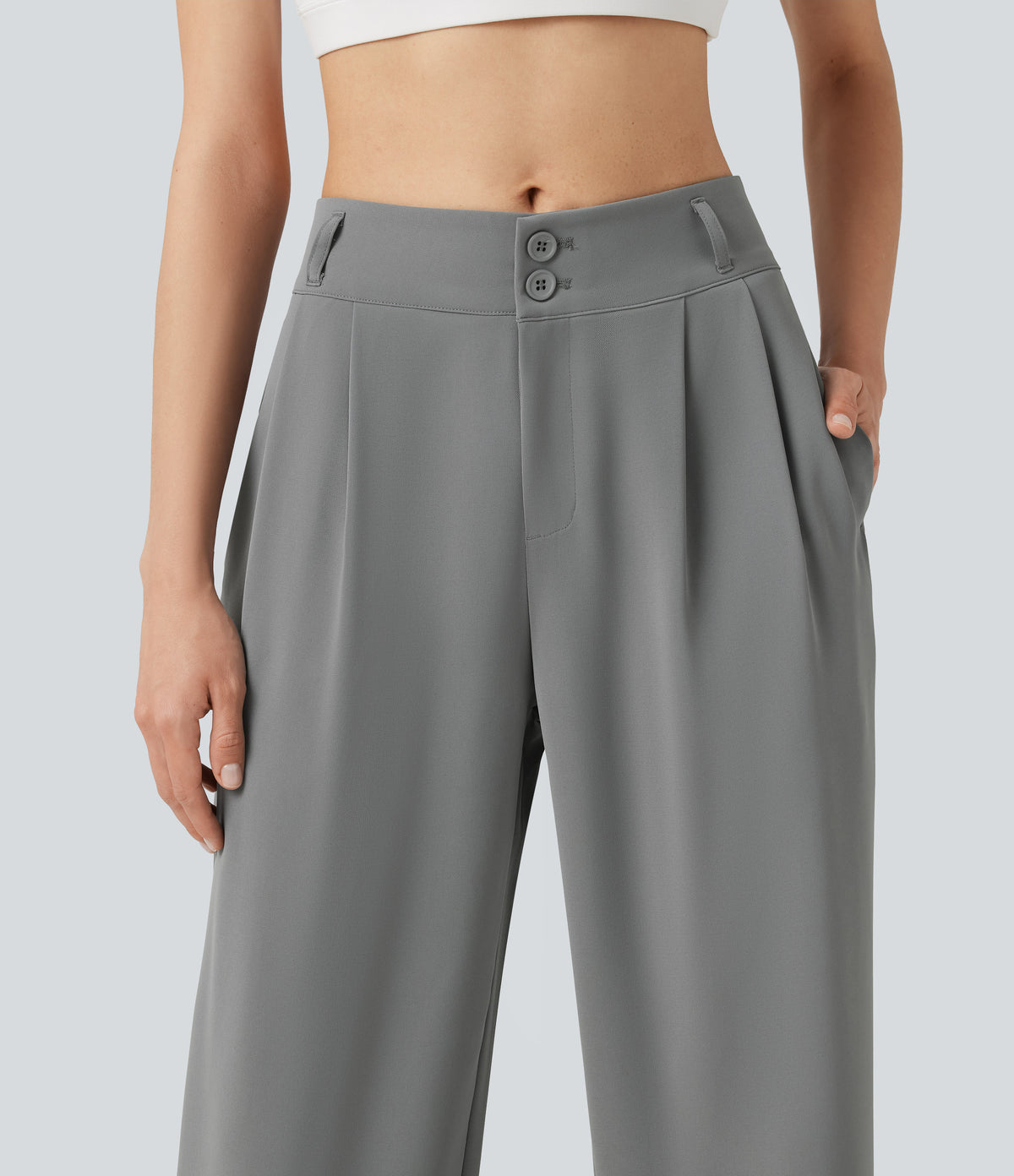 Mid Rise Shirred Straight Leg Work Trousers with Pockets — Mockingbird — view 4