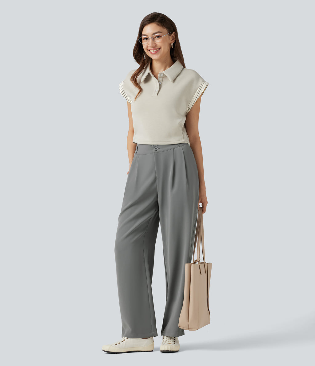 Mid Rise Shirred Straight Leg Work Trousers with Pockets — Mockingbird — view 7