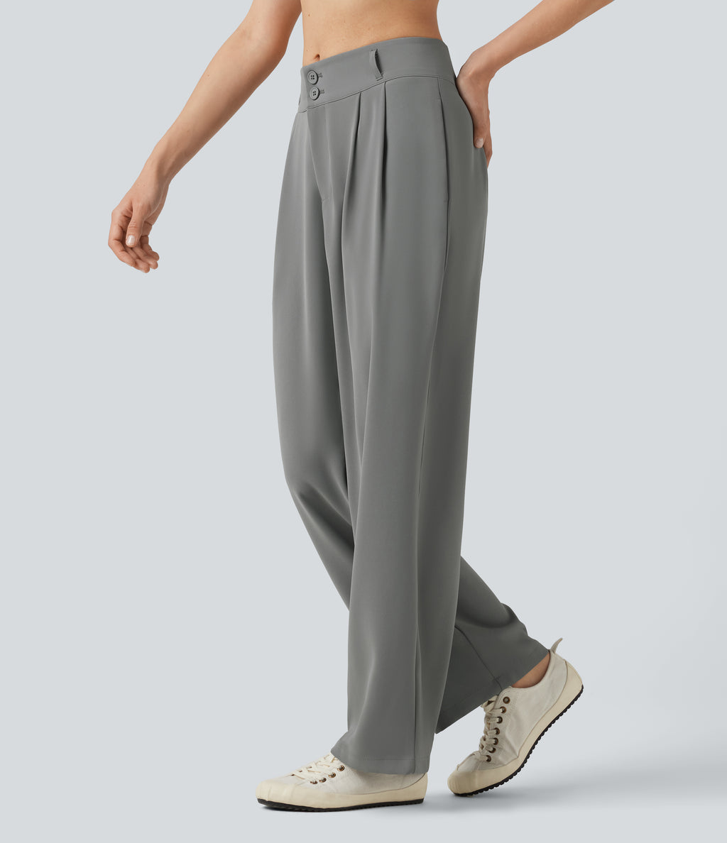 Mid Rise Shirred Straight Leg Work Trousers with Pockets — Mockingbird — view 1