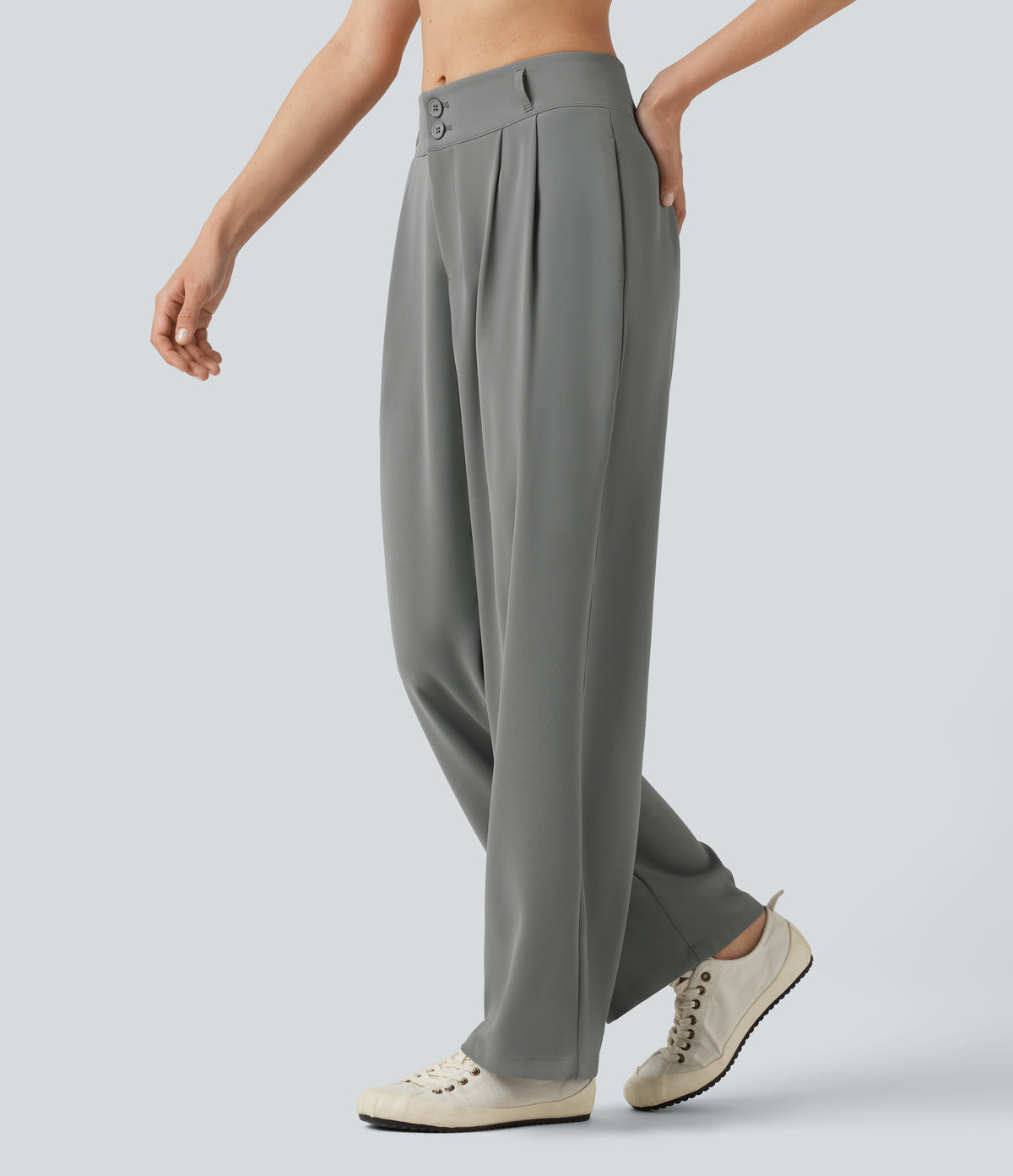 Mid Rise Shirred Straight Leg Work Trousers with Pockets — Mockingbird — view 1