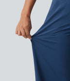 High Waisted Crossover Straight Leg Yoga Trousers with Pockets — Navy Peony — view 7