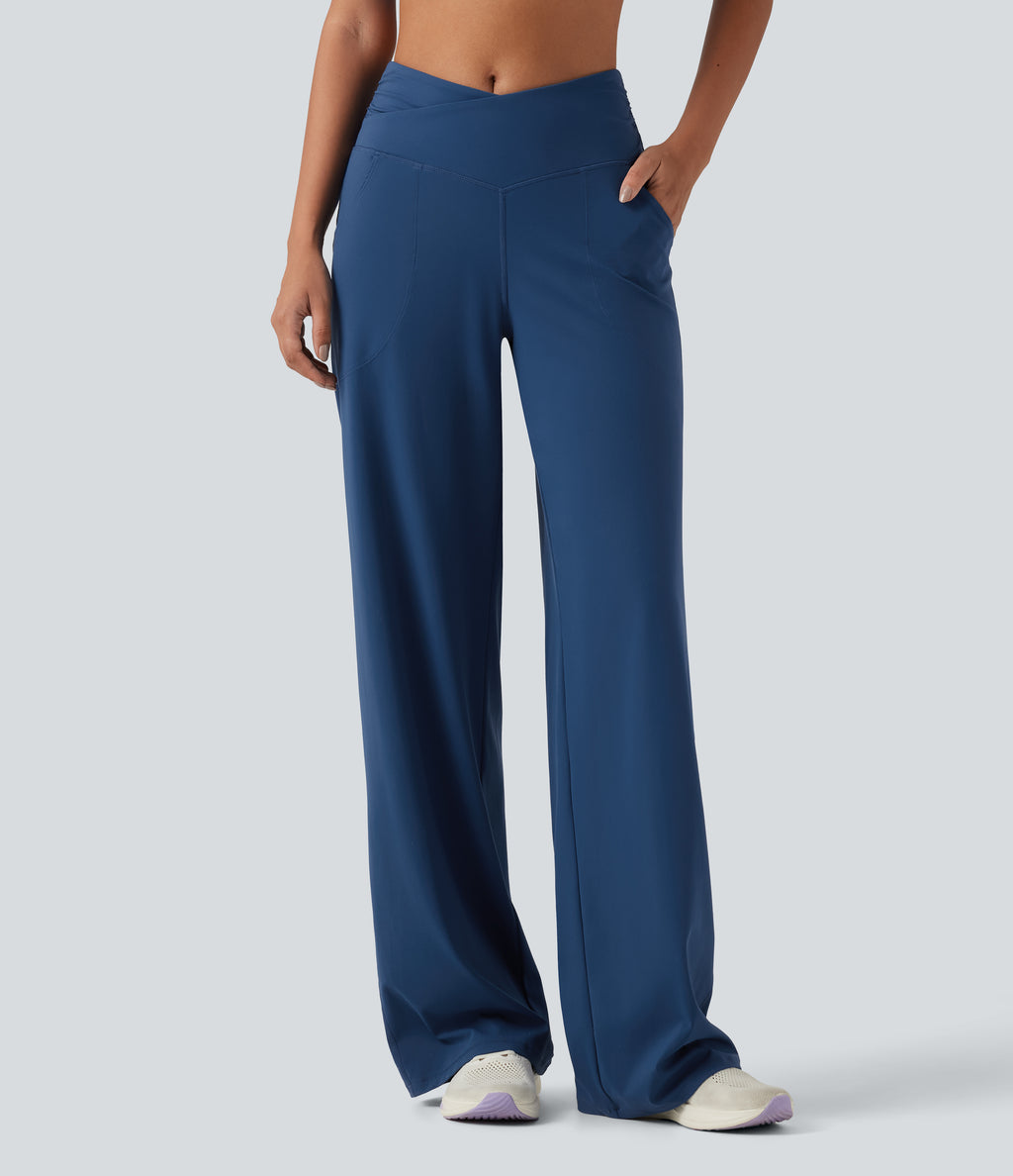 High Waisted Crossover Straight Leg Yoga Trousers with Pockets — Navy Peony — view 4