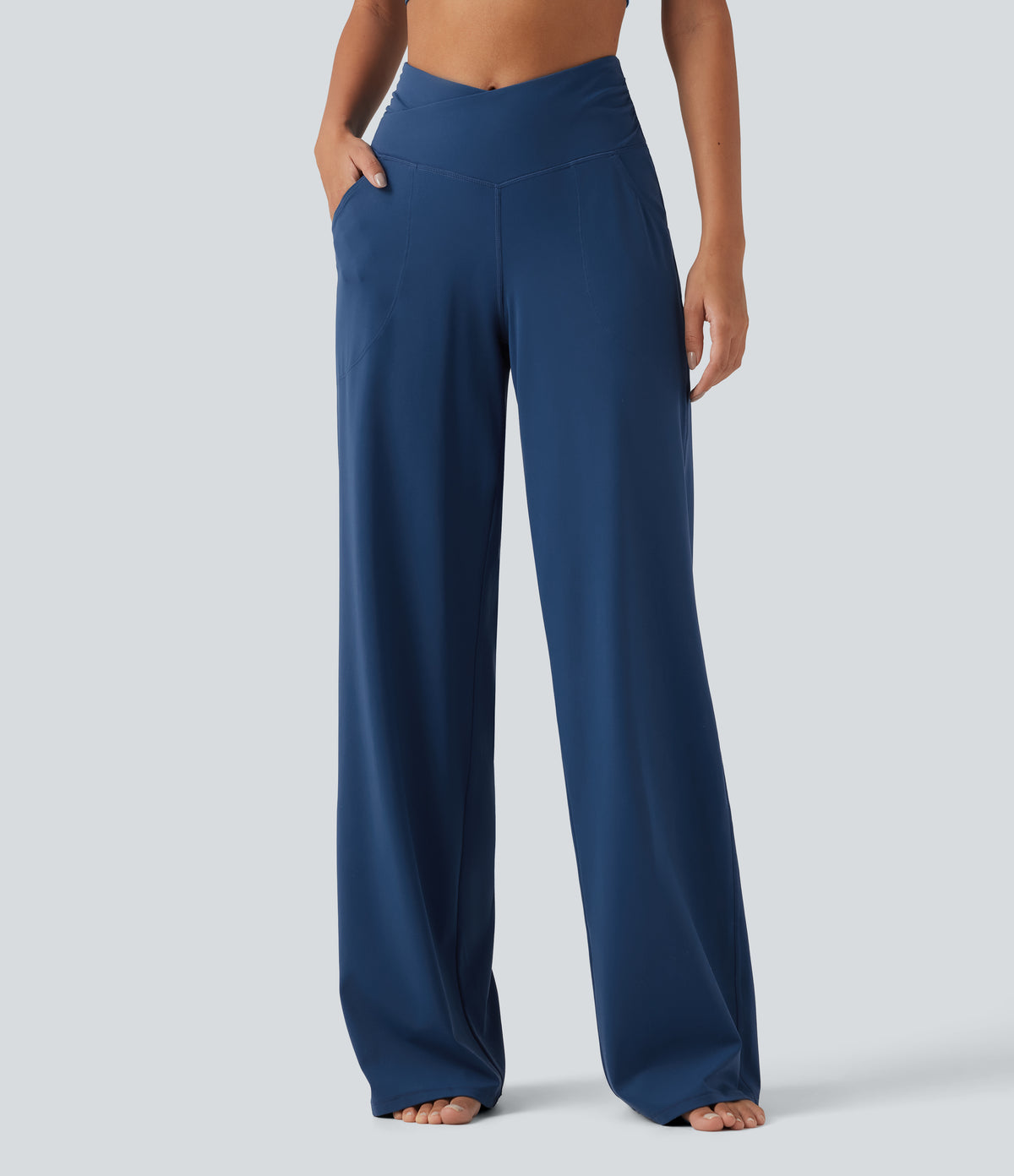 High Waisted Crossover Straight Leg Yoga Trousers with Pockets — Navy Peony — view 1