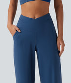 High Waisted Crossover Straight Leg Yoga Trousers with Pockets — Navy Peony — view 5