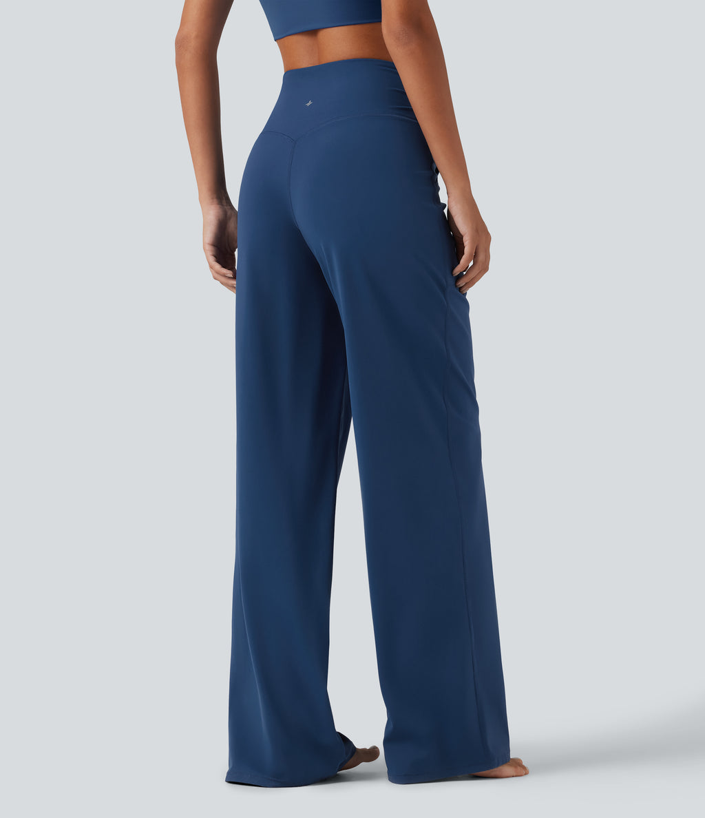 High Waisted Crossover Straight Leg Yoga Trousers with Pockets — Navy Peony — view 2