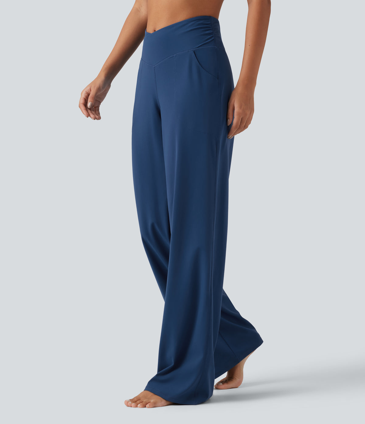High Waisted Crossover Straight Leg Yoga Trousers with Pockets — Navy Peony — view 3