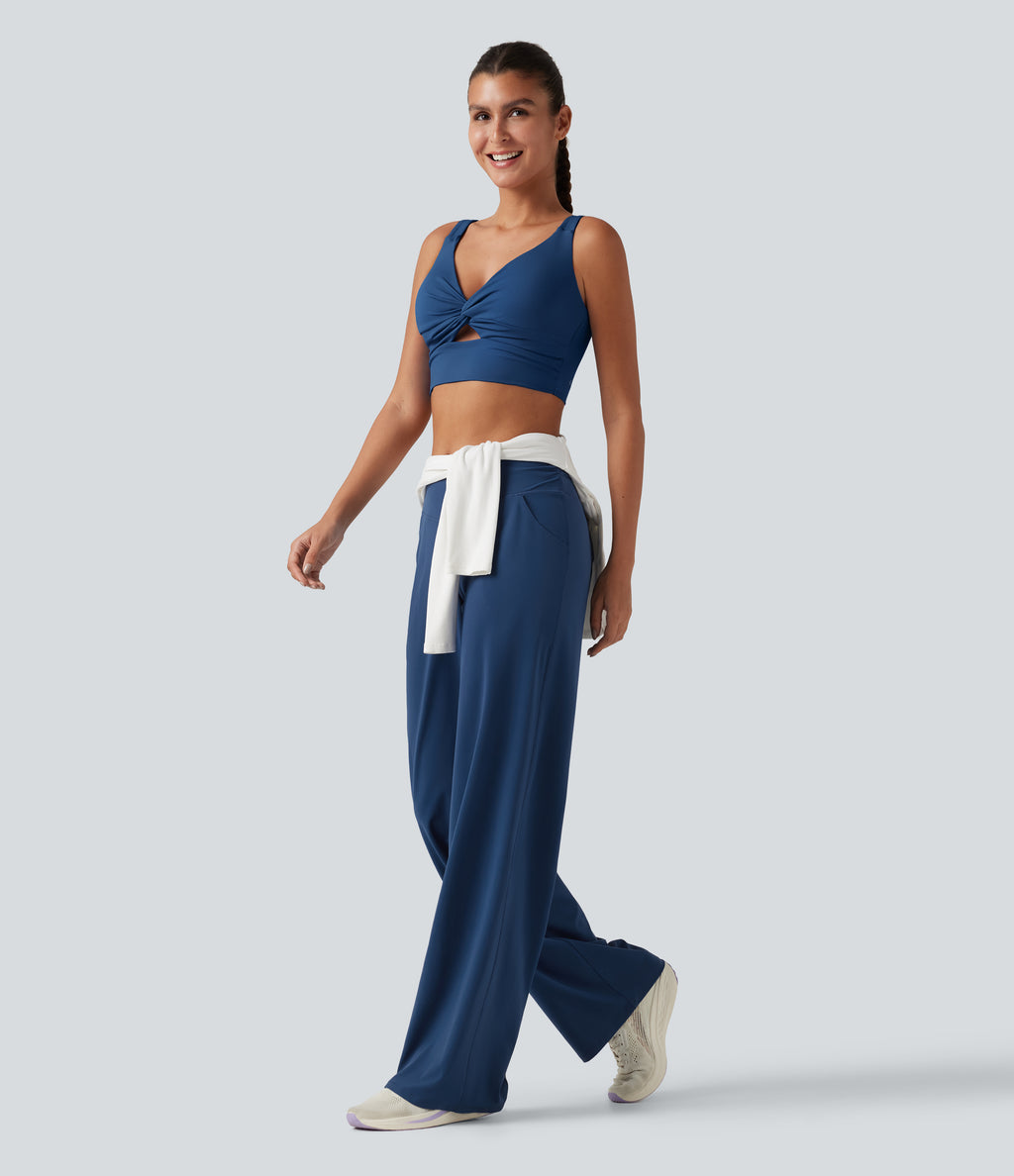 High Waisted Crossover Straight Leg Yoga Trousers with Pockets — Navy Peony — view 8