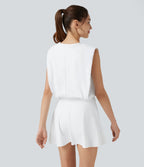 Airy Round Neck Sleeveless Drawstring InstantCool 2-Piece Mini Workout Active Dress with Pockets — White — view 2
