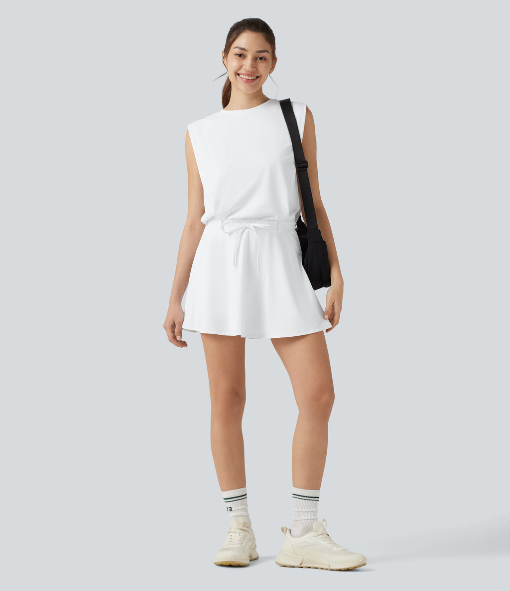 Airy Round Neck Sleeveless Drawstring InstantCool 2-Piece Mini Workout Active Dress with Pockets — White — view 8
