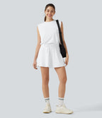 Airy Round Neck Sleeveless Drawstring InstantCool 2-Piece Mini Workout Active Dress with Pockets — White — view 8